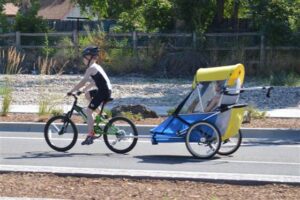 brighton center blog - boy bicycling pulling little brother in bicycle stroller